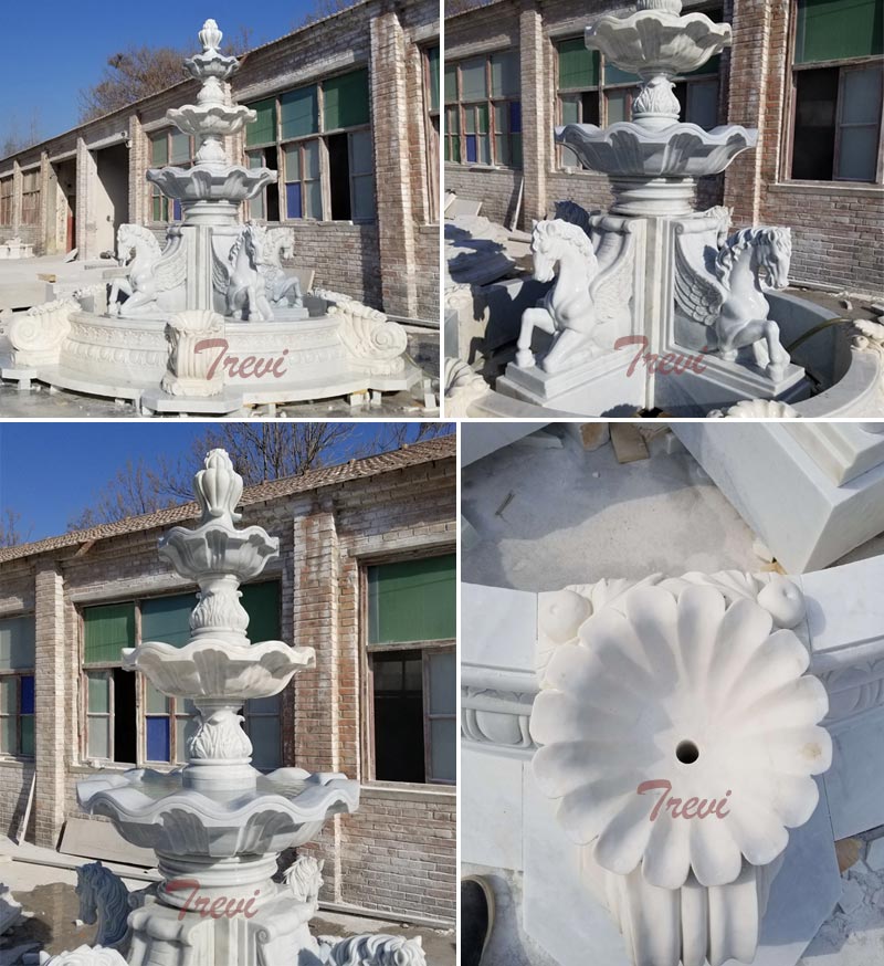 Details of white marble horse water fountain for outdoor garden ornaments