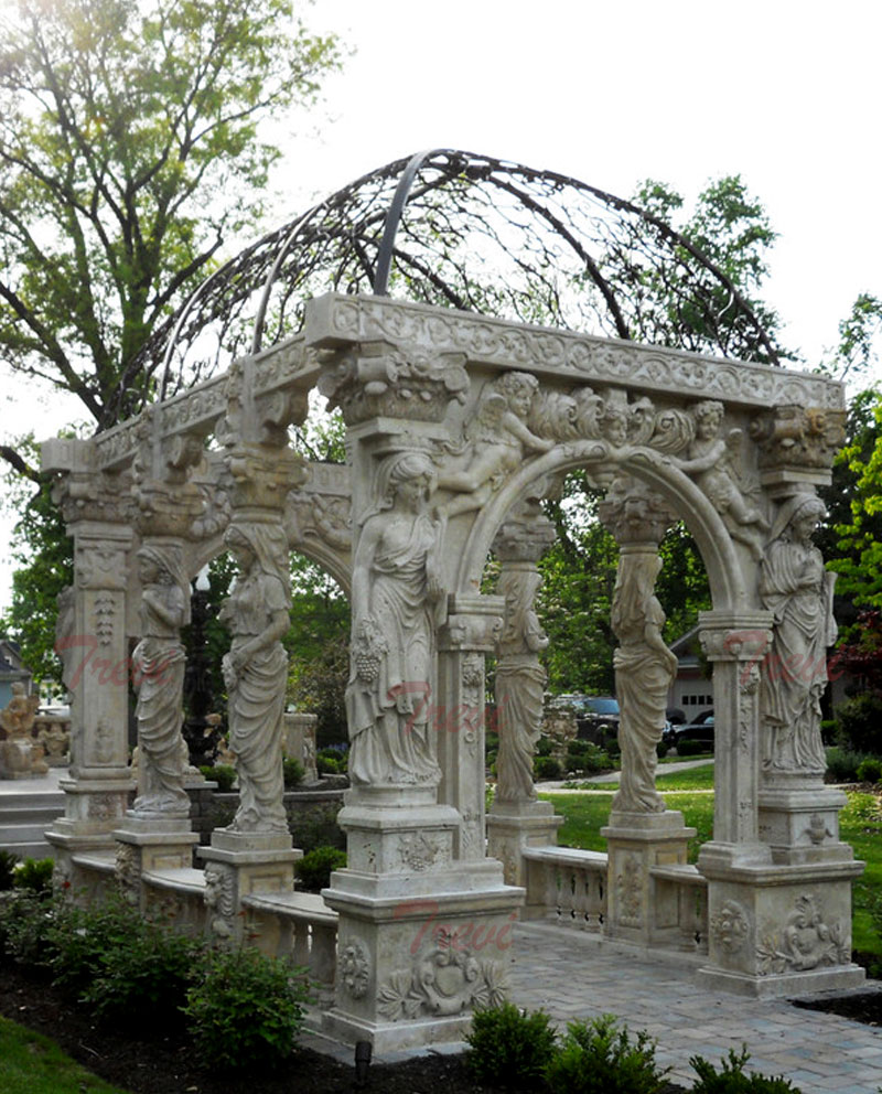 Outdoor Italian antique white marble long gazebo for garden decoration designs