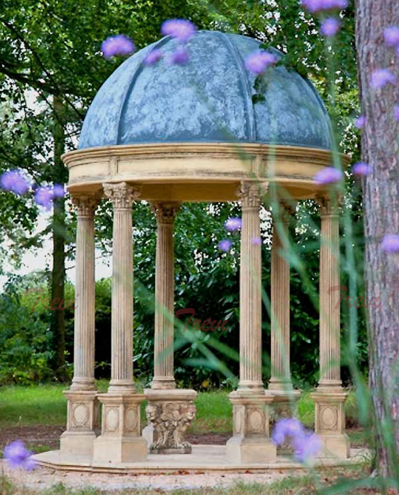 Outdoor patio round antique beige marble gazebo with blue metal dome designs UK for sale