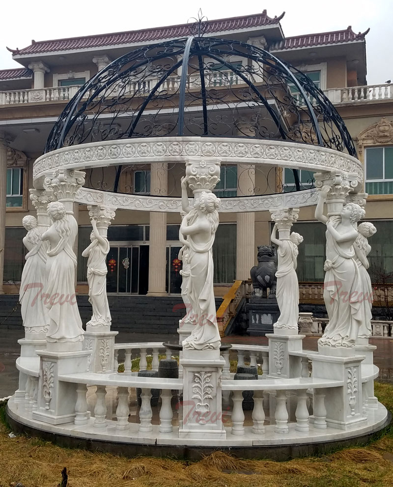 Patio white marble round gazebo with lady statues designsPatio white marble round gazebo with lady statues designs