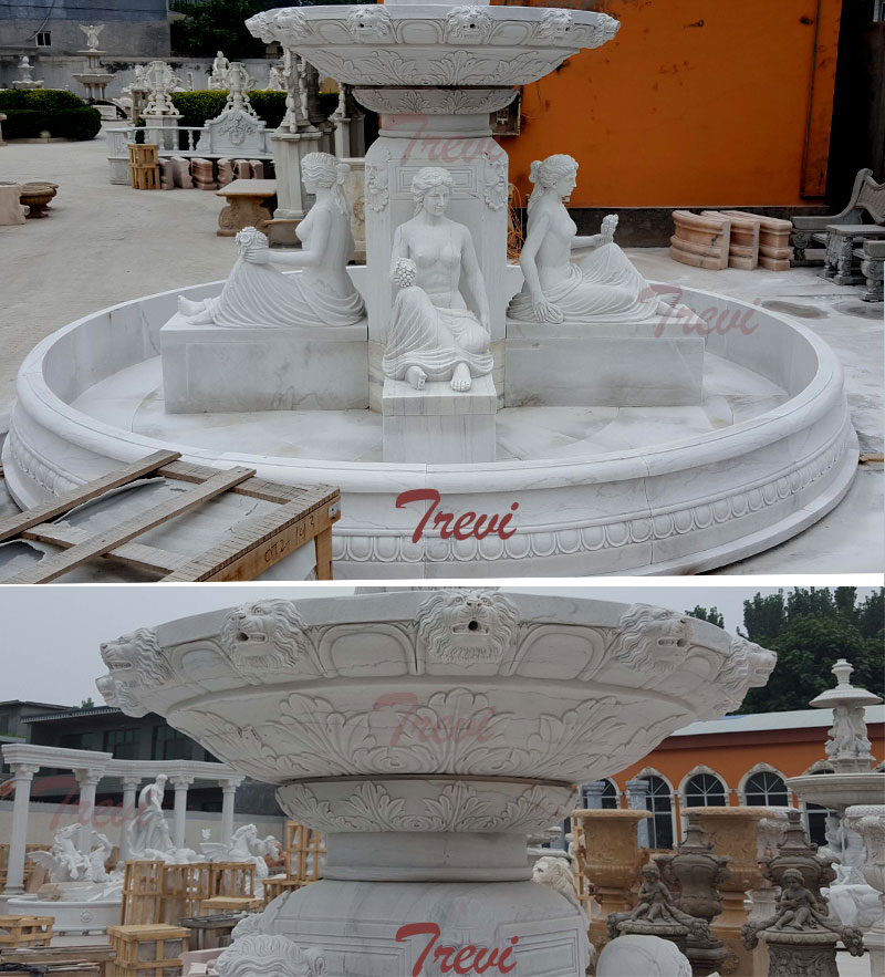 White marble 2 tiers outdoor water fountains with sitting woman statues for sale details