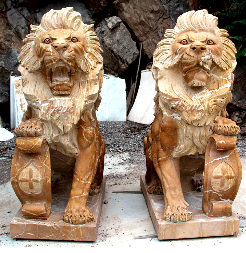 Buy pair of life size beige marble sitting lion statue with shield for house