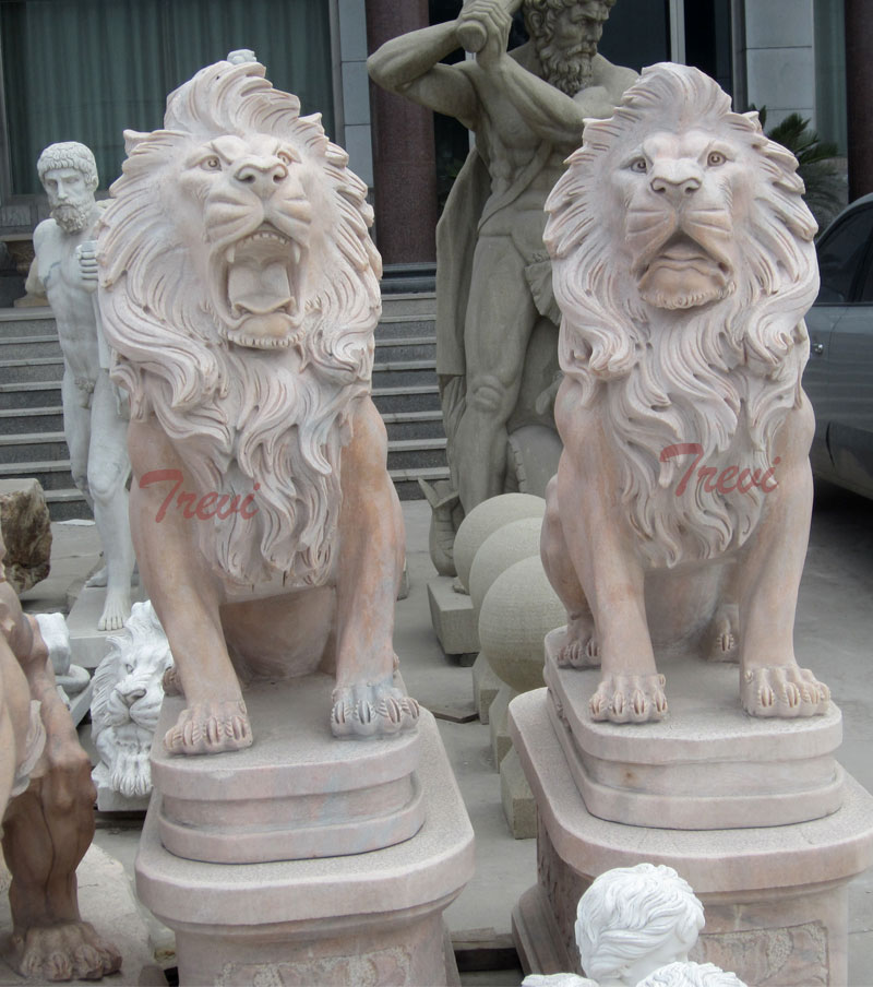 Chinese marble guardian sitting roaring lion statues a pair