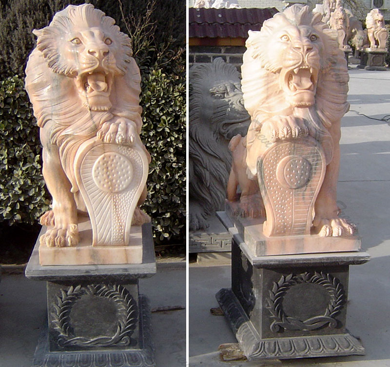 Pair of life size stone lion statue with shield for house outdoor
