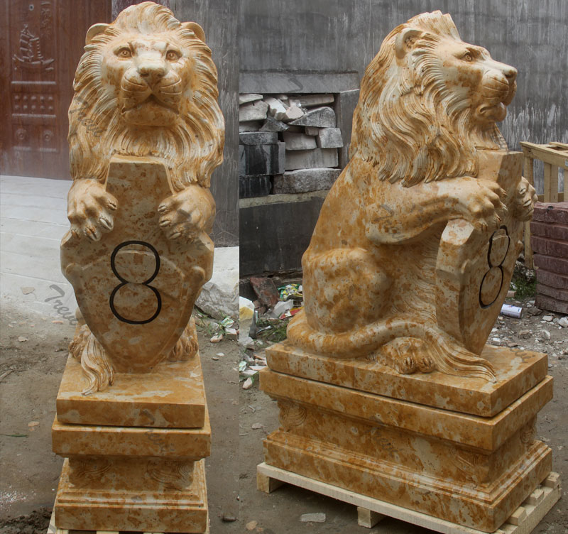 Pair of outdoor sitting lion with shield garden statue for driveway