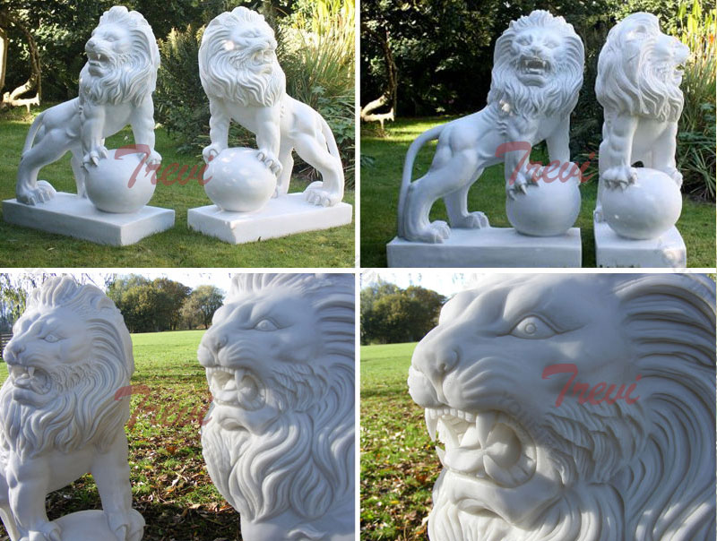 Pair of white marble decorative lion with paw on ball garden statues in front of house designs