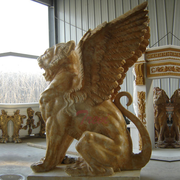 Standing winged stone lion gargoyle statues outside houses