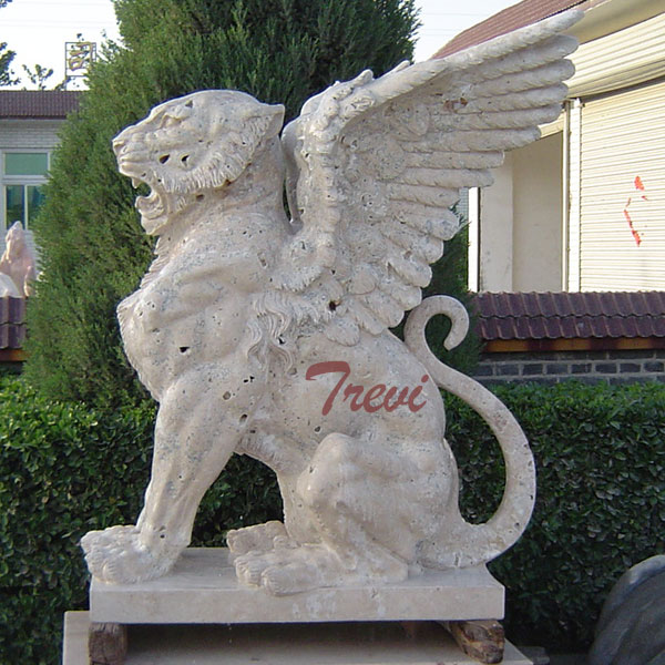 White marble winged lion gargoyle garden statues outdoor guarding entrance