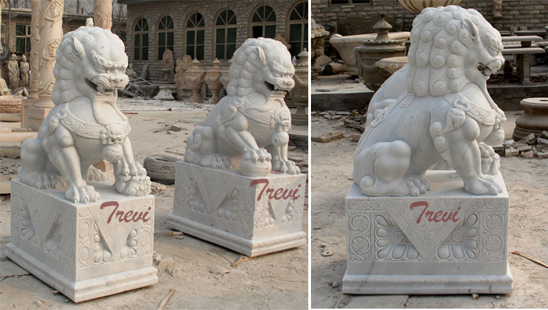 White marble Chinese dog lion pairs animal art decor for backyard outdoor