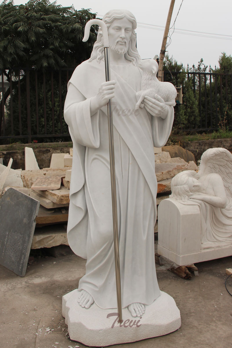 Catholic church garden statues of shepherd Jesus hold lamb designs for sale.jpg