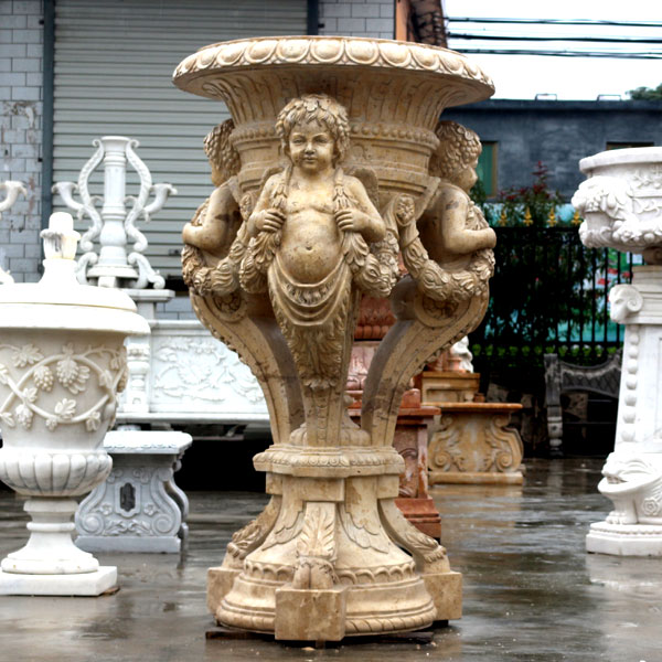 TMP-03 Garden decorative antique marble carving planter pots with angel statues ornaments