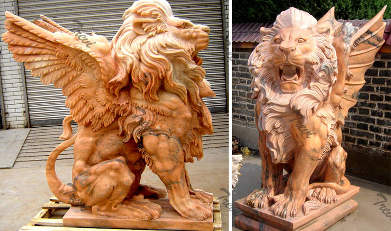 Outdoor stone winged lion gargoyle garden statues in front of house outside