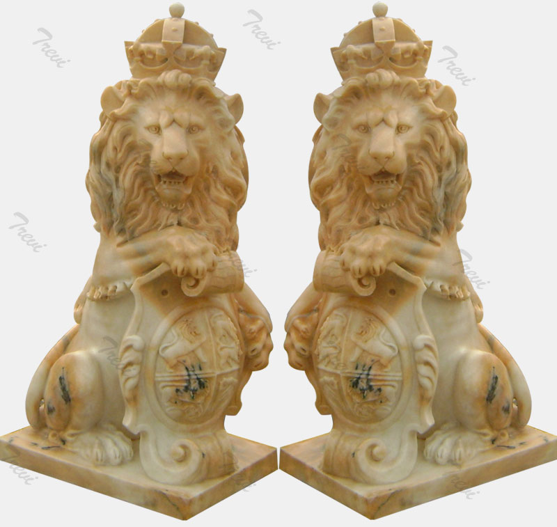 Pair of sitting crown antique marble lions statue with shield for driveway