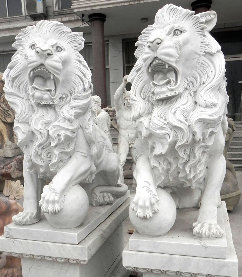 Standing roaring guardian lion with ball statues in pairs for outside house decor.jpg