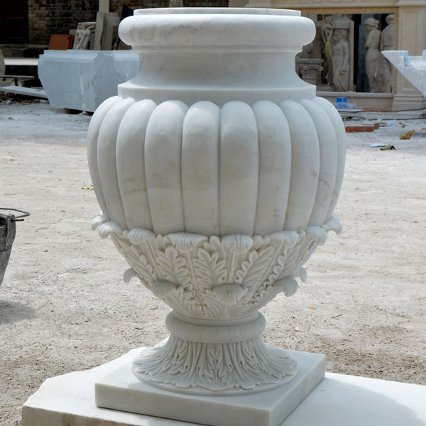 Indoor white marble urn pots for patio decor