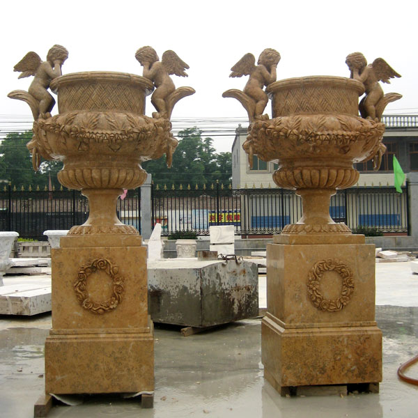 Large marble flower planter pots with base in pairs sale