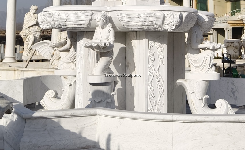 marble luxury water fountain with greek statues detail