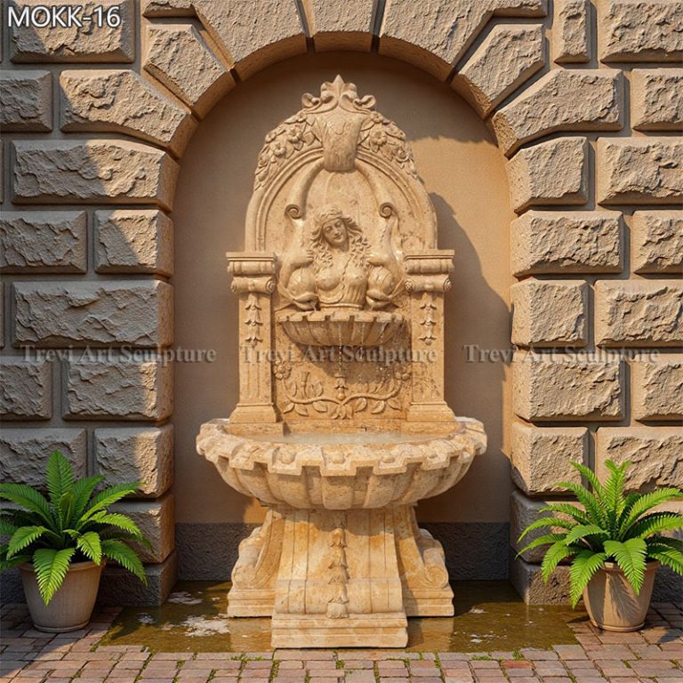 marble courtyard wall fountain with female relief