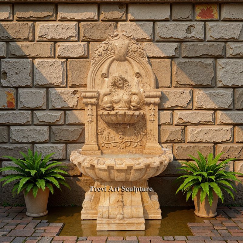 marble courtyard wall fountain with female relief for yard