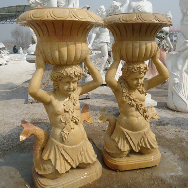 Outdoor decorated marble stone flower pots with mermaid statues price