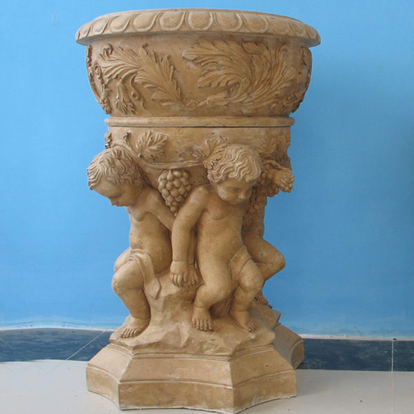 Outdoor garden decor beige marble flower urns pot with angel statues for sale