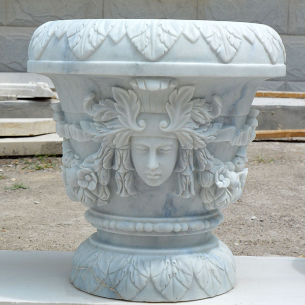 Outdoor garden white marble carving flower planter pots with woman face decor for sale