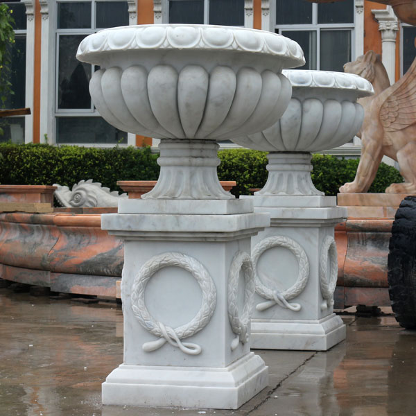 White marble flower planter for outdoor garden