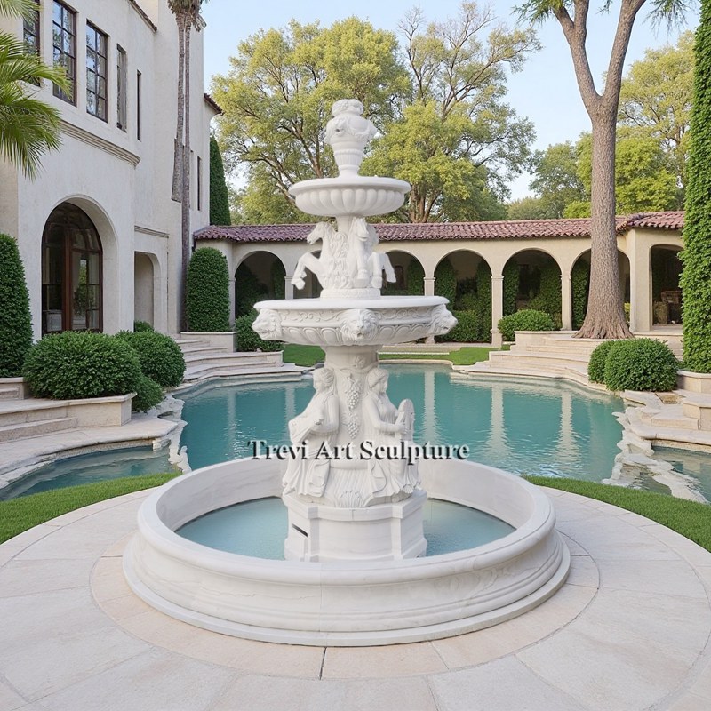 marble horse fountain with sitting woman statue for garden