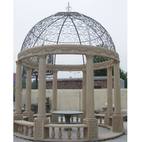 Antique marble round pavilion with iron roof for backyard outdoor decor