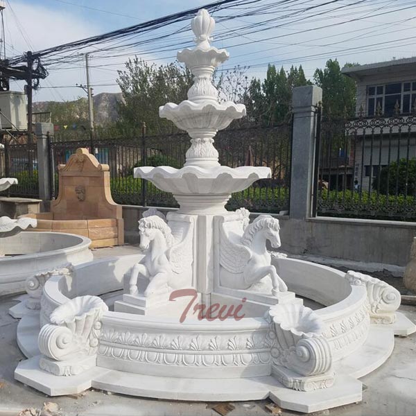 Garden marble tiered water fountain with horse statues