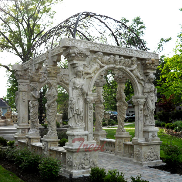 Outdoor Italian antique white marble long gazebo for garden decoration