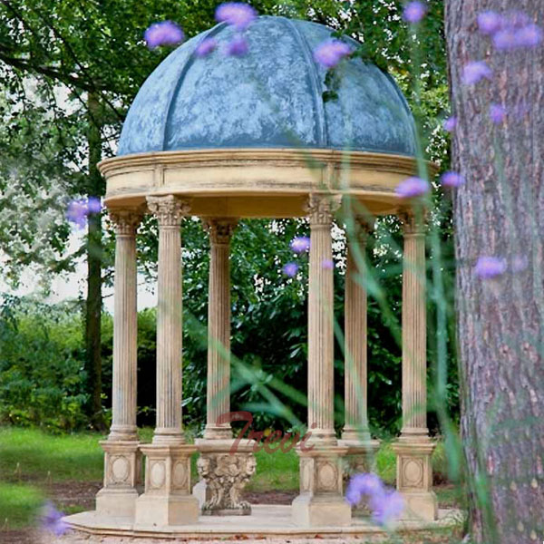 Outdoor patio round antique beige marble gazebo with blue metal dome UK for sale