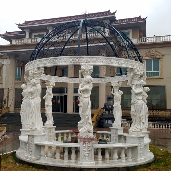 Patio white marble round gazebo with lady statues for sale TMG-19