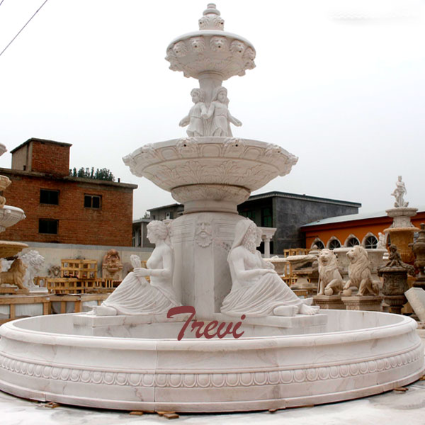 Three tiers marble water fountain with lady statues and lion face for outdoor garden decoration