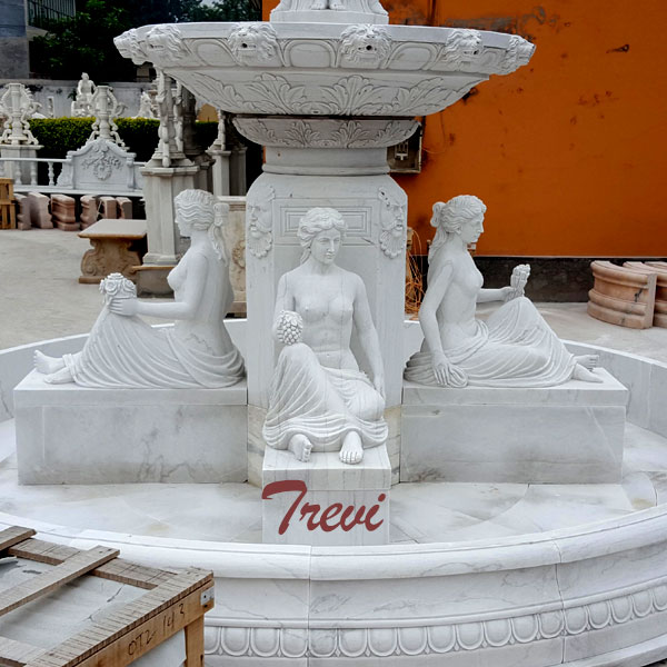 White marble 2 tiers outdoor water fountains with sitting woman statues for sale