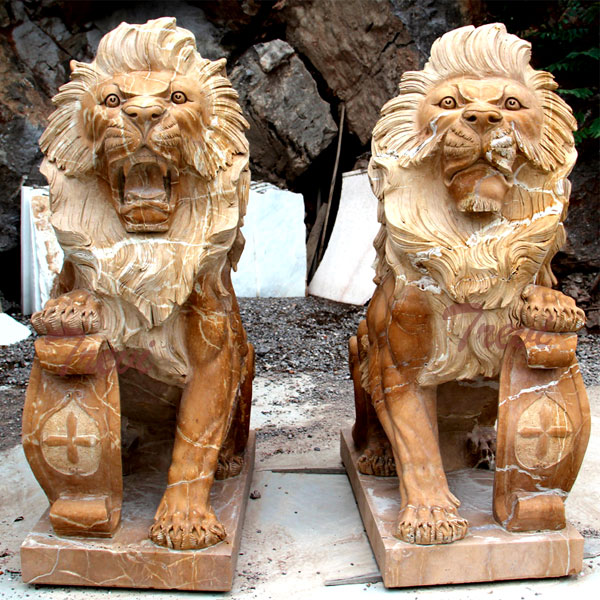 Buy pair of life size sitting lion statue with shield for house