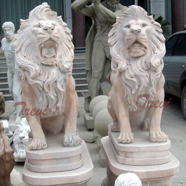 Chinese marble guardian sitting roaring lion statues pair