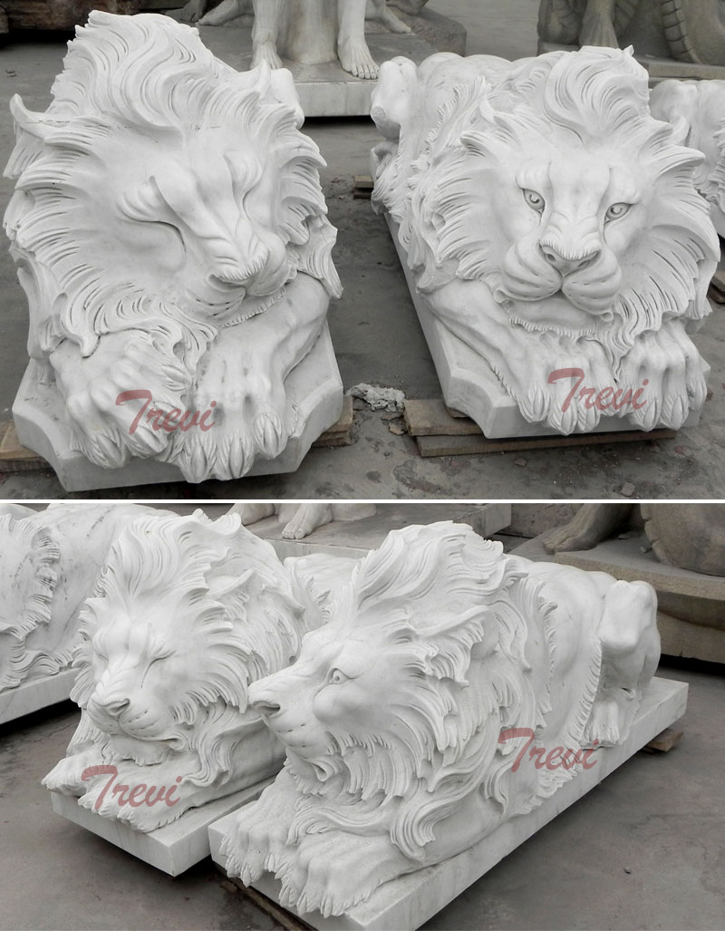 Outdoor italian white stone sleeping lion yard statues for front porch