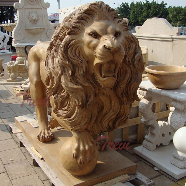 Outdoor stone garden standing lion statue with ball for sale TMA-06