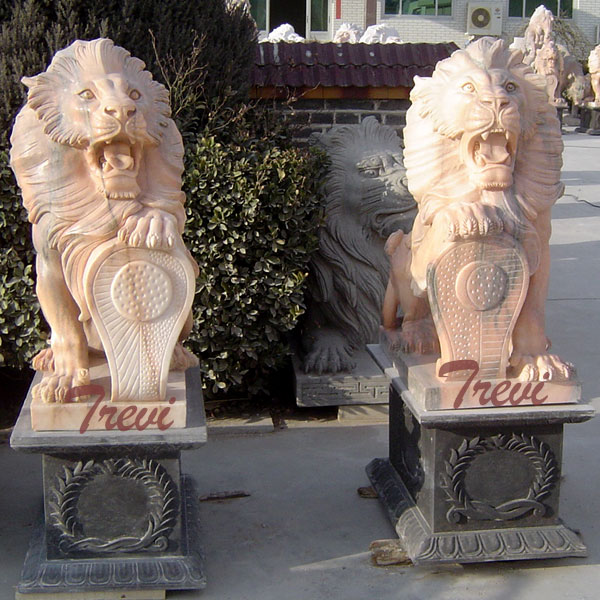 Pair of life size stone lion statue with shield for house
