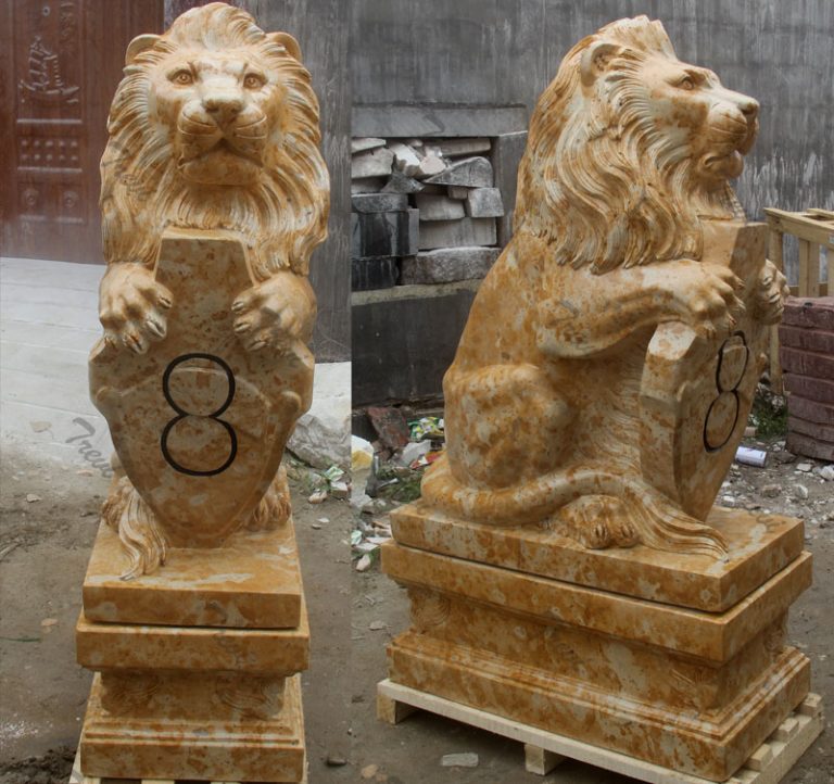 Outdoor sitting lion with shield garden statue for driveway TMA30