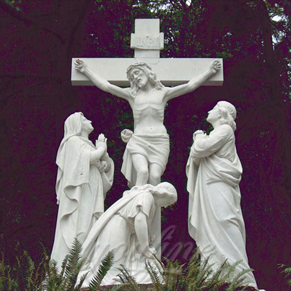 Crucifixion of jesus christ on the cross white marble statues designs