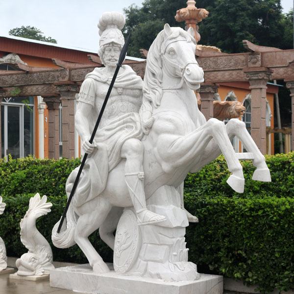 Outdoor garden italian marble horse statues with roman warrior sculptures for sale