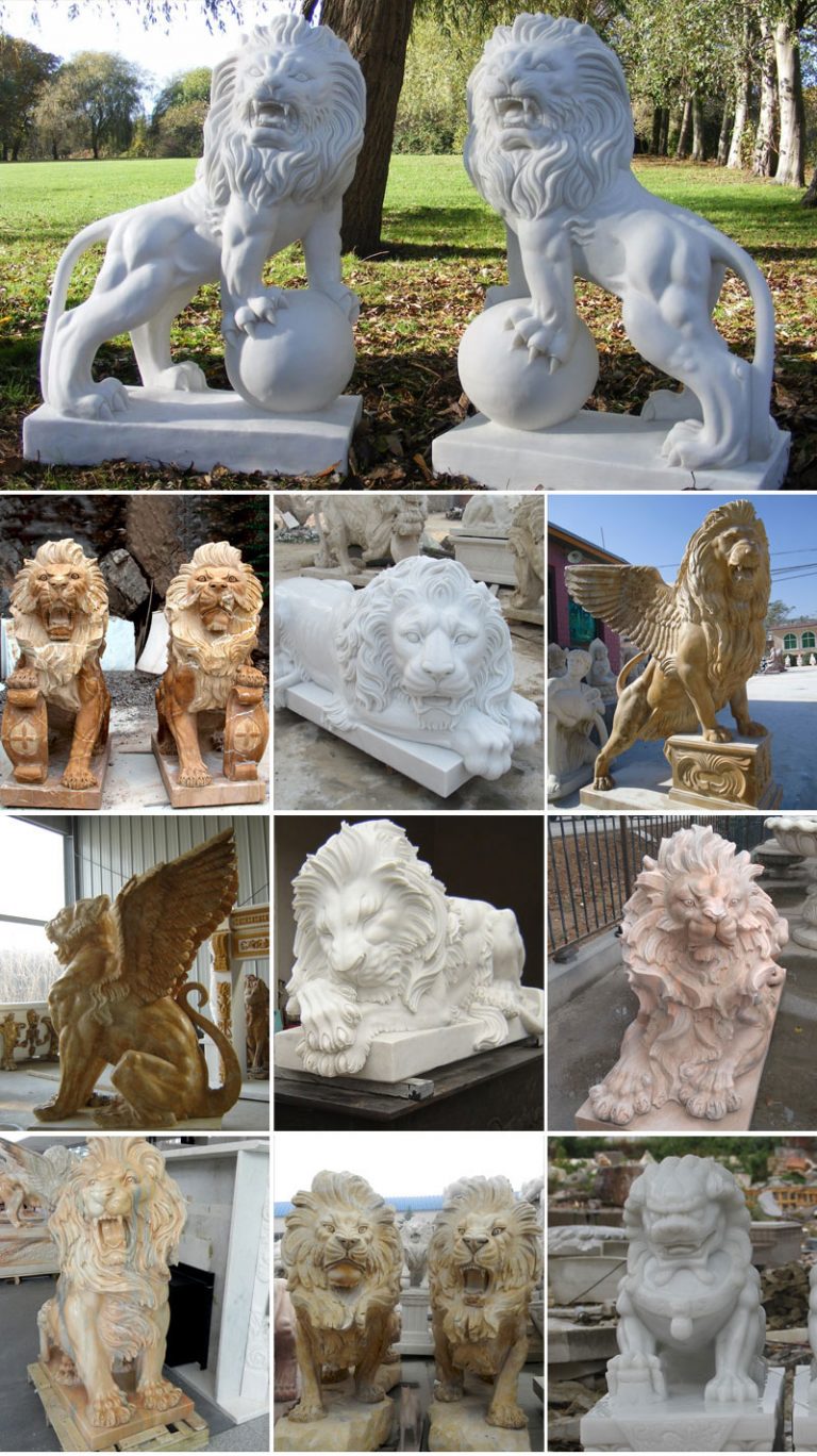 Pair of Outdoor White Marble Lion Statue with Paw on Ball for Sale TMA
