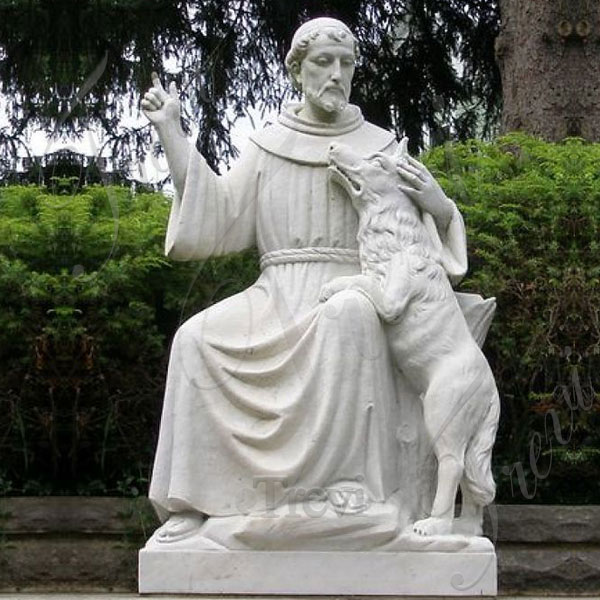 Catholic Saint St. Francis of Assisi White Marble Garden Statue with Wolf for Sale TCH-204