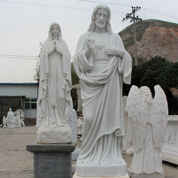 Life size sacred heart of jesus christ and mary white marble sculpture factory directly supply