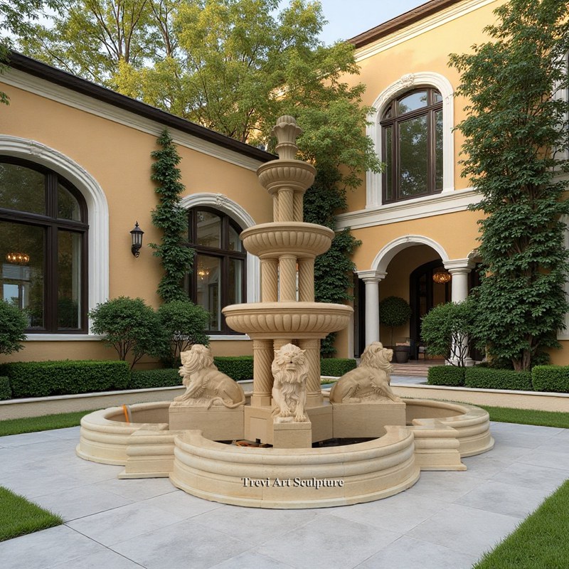 large beige marble lion pool fountain for garden