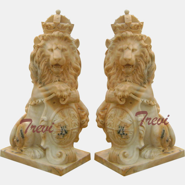 Pair of sitting crown marble lions statue with shield for driveway