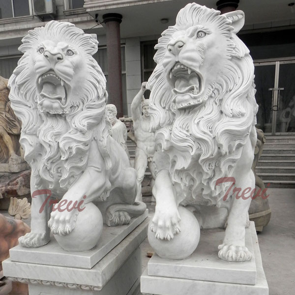 Pair of standing roaring guardian lion with ball statues for outside house decor