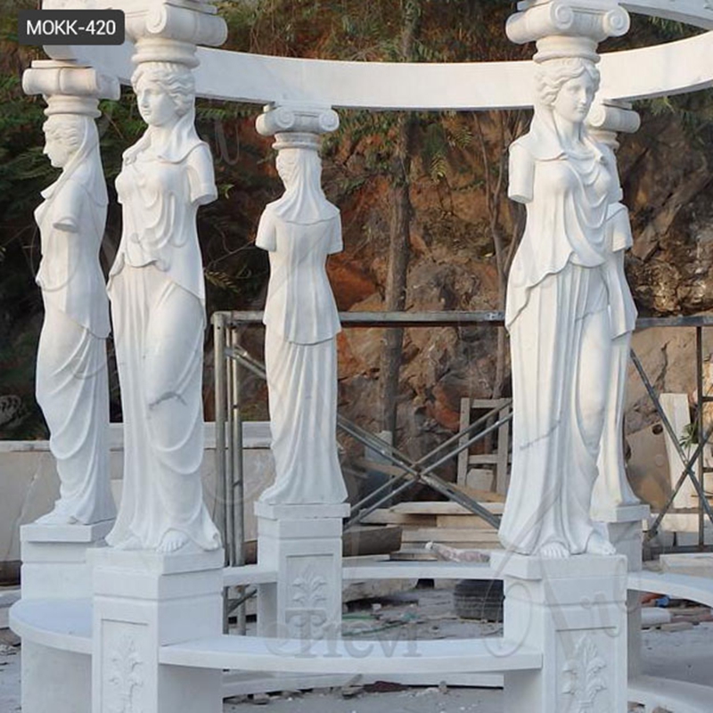 2 White Marble Gazebo with Carving Figure Sculpture